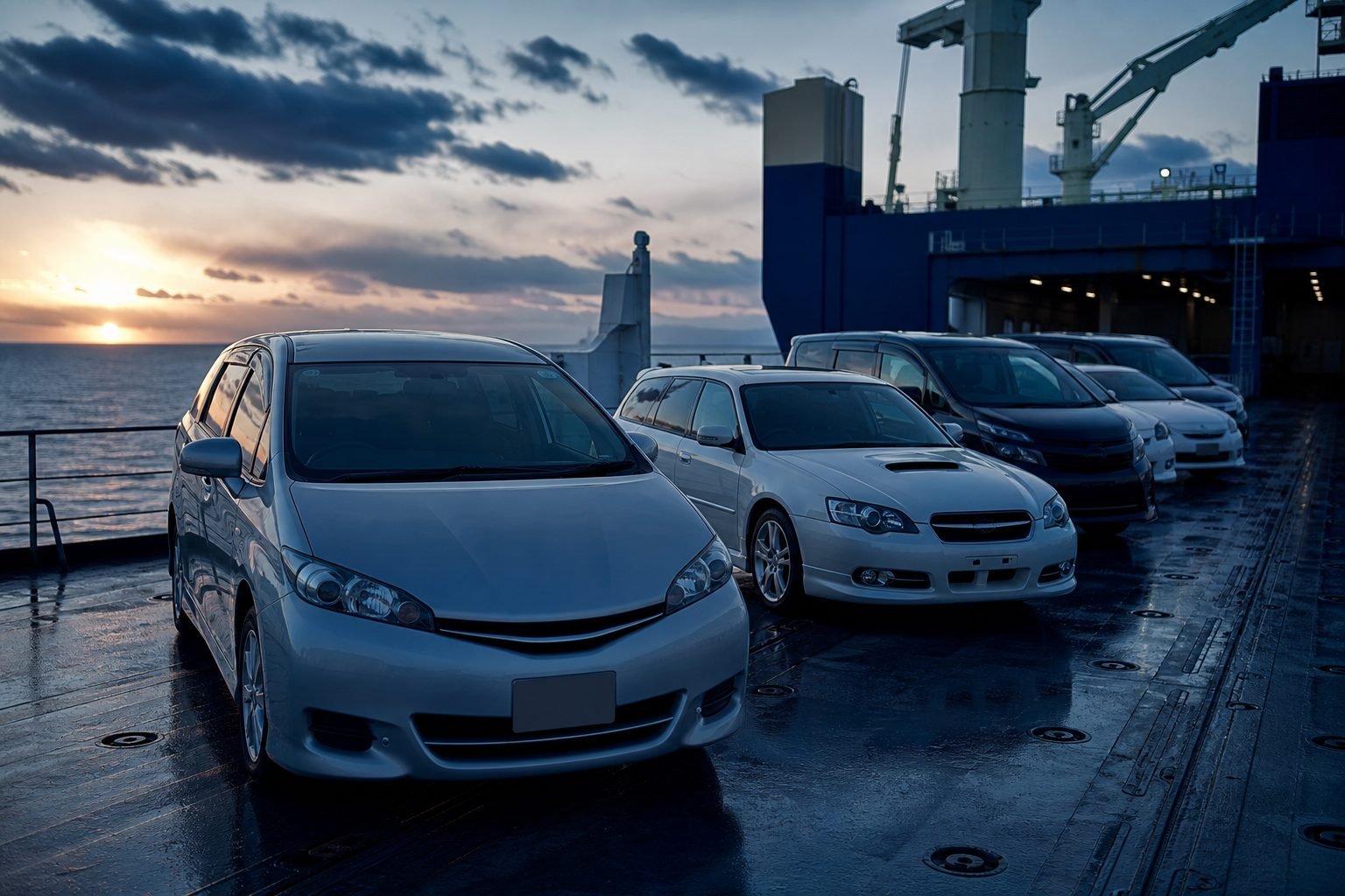 Japanese used cars on a roll-on/roll-off export vessel