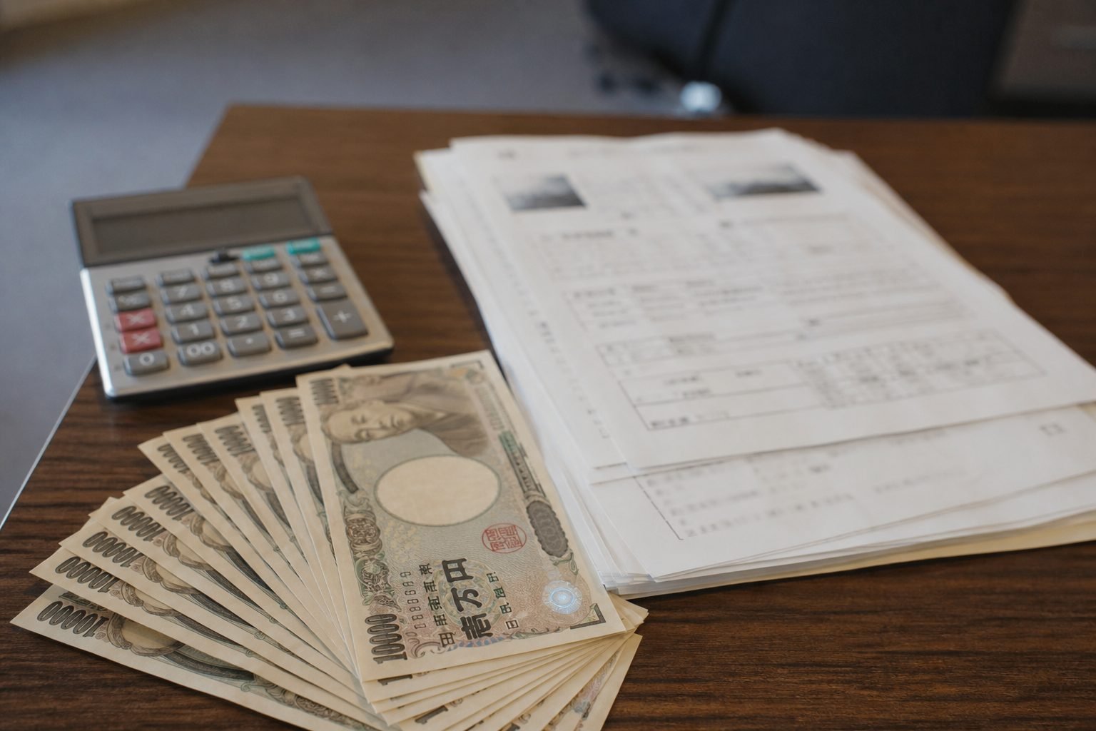 Calculator and auction paperwork on a desk when costing a Japanese auction car