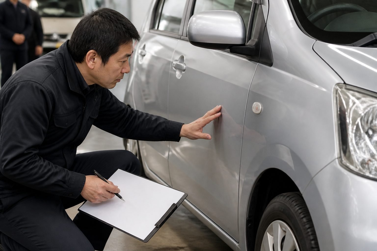 Inspector checking paint and a small dent on a Japanese used car