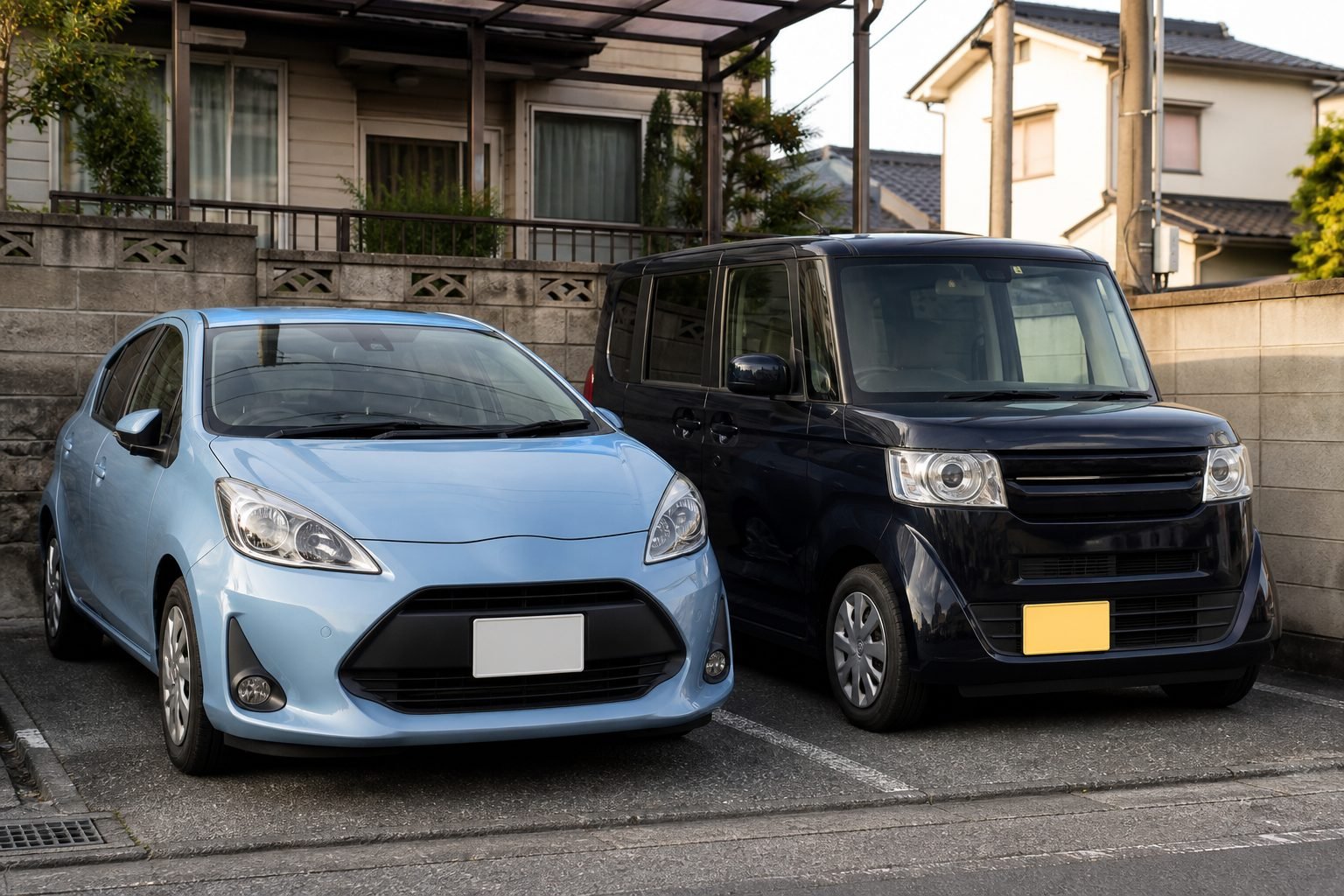 Toyota Aqua hybrid and Honda N-BOX parked on a Japanese residential street