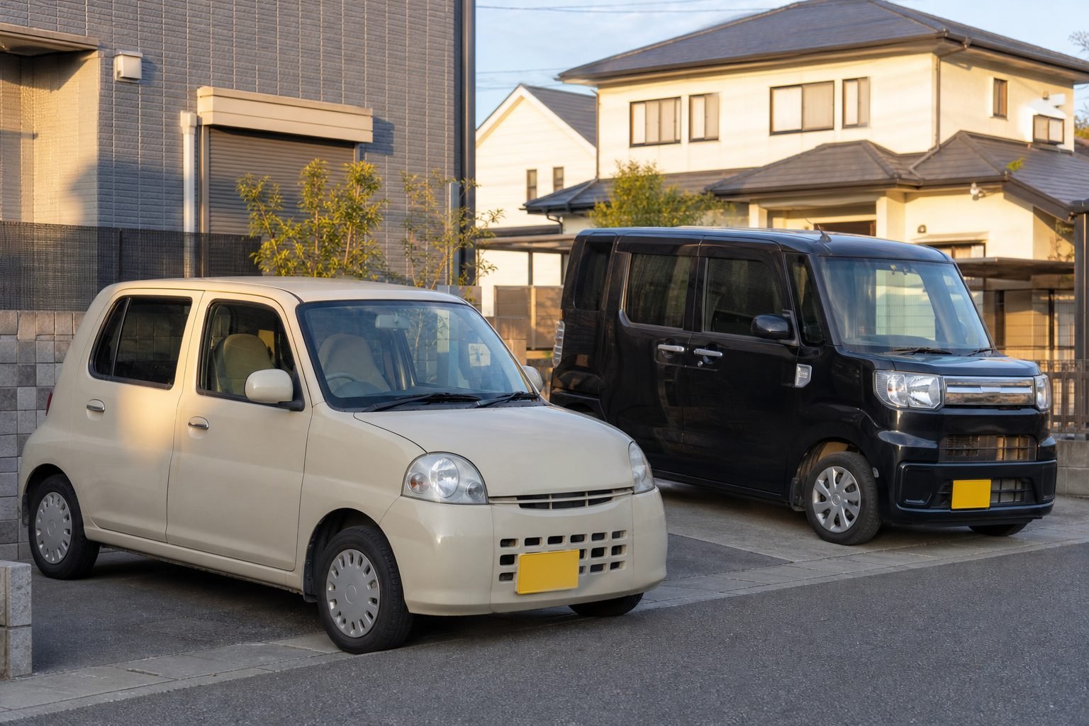 Affordable Japanese kei hatch and tall kei wagon on a residential street
