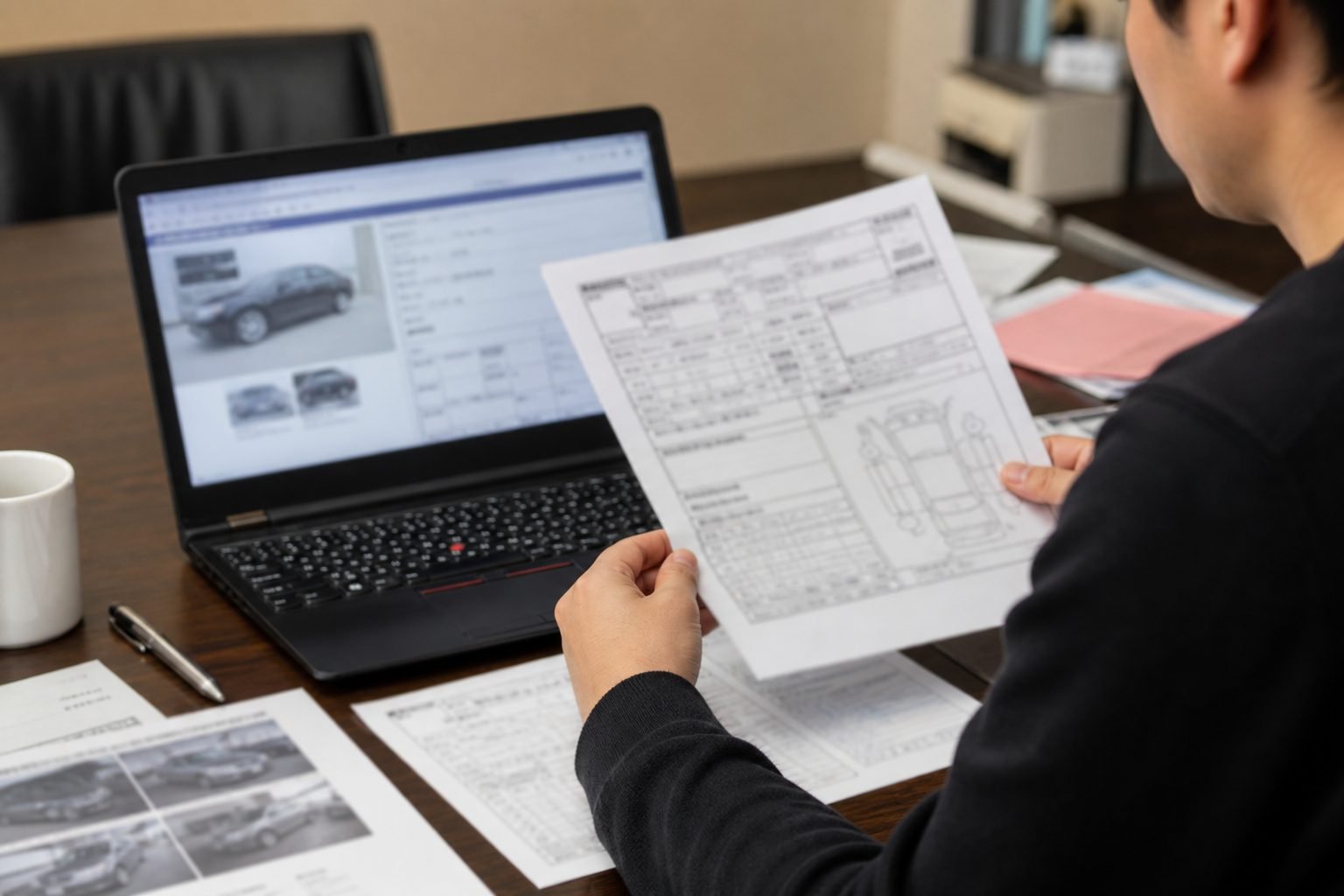 Comparing a printed Japanese auction sheet with a computer screen, text not readable