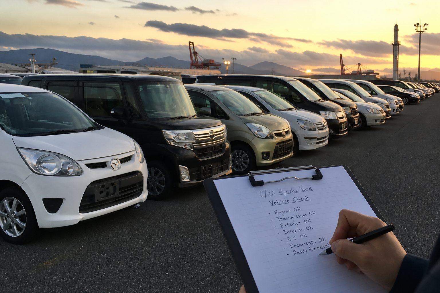 Japanese used cars lined for domestic sale and export at a Kyushu yard