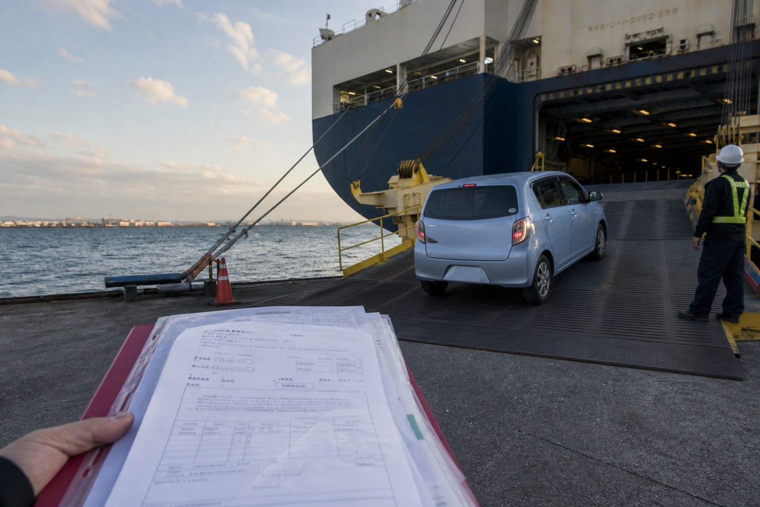 A personally owned Japanese car driving onto a RORO ship