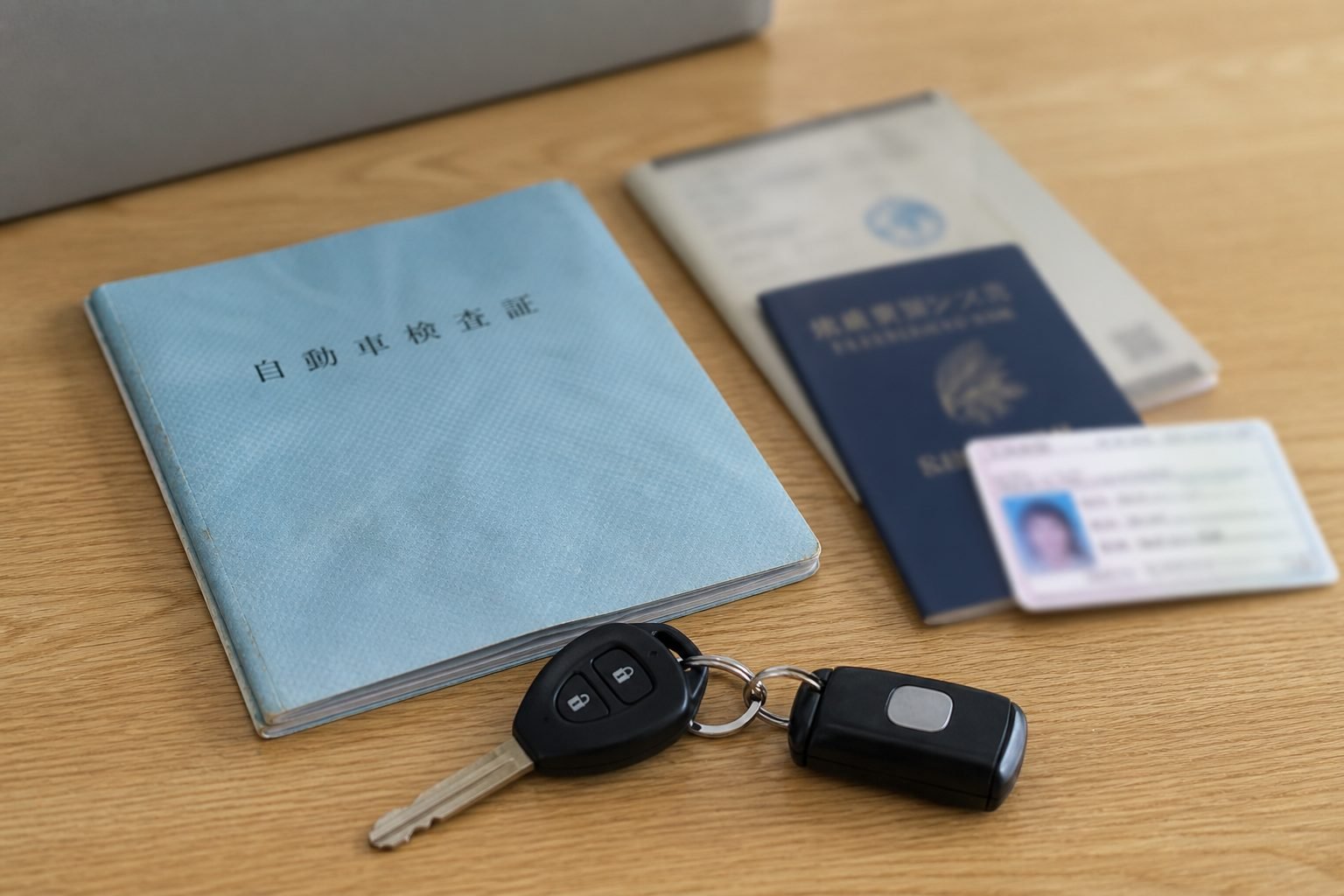 Vehicle inspection booklet, keys, and blurred foreign licence papers on a desk