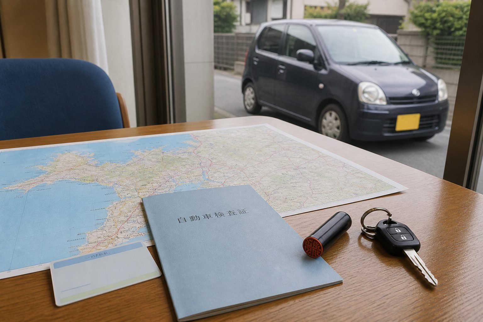 Residence card, vehicle inspection certificate, seal, and keys for a used-car purchase in Fukuoka