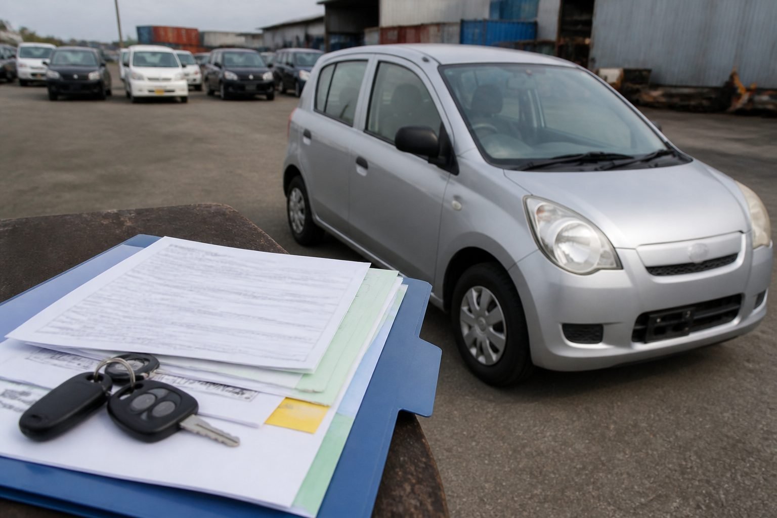 Export document folder and keys with a used car in a Japanese yard