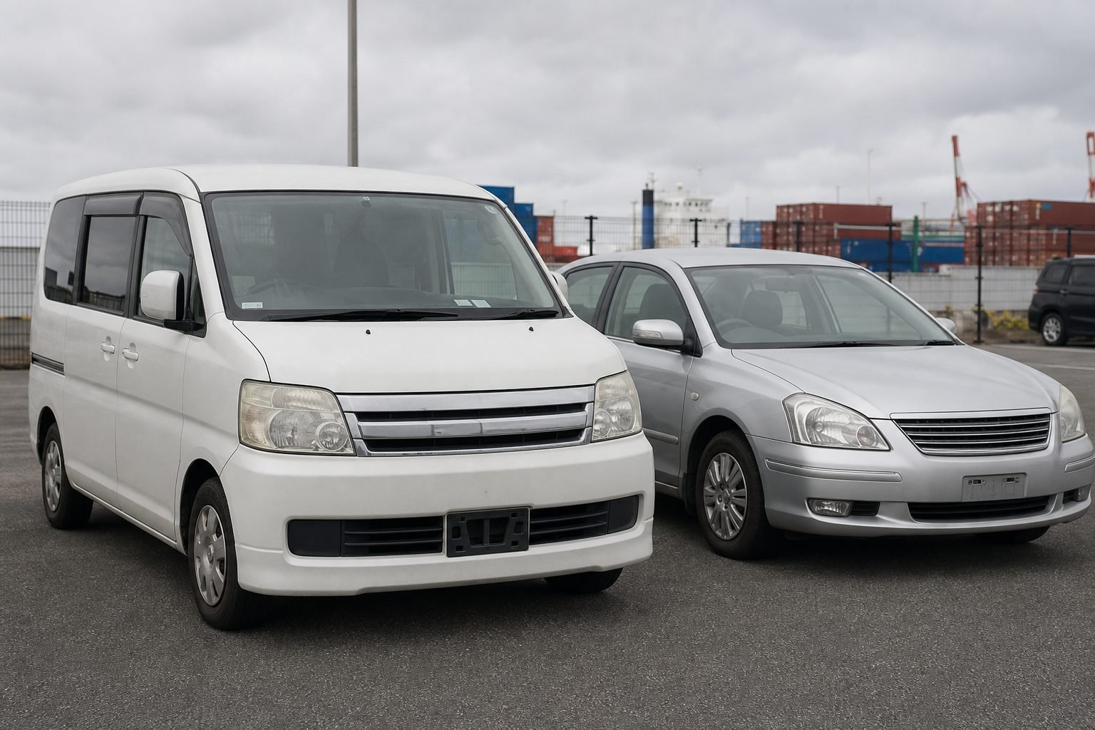 Japanese used van and sedan in an export lot for overseas shipping