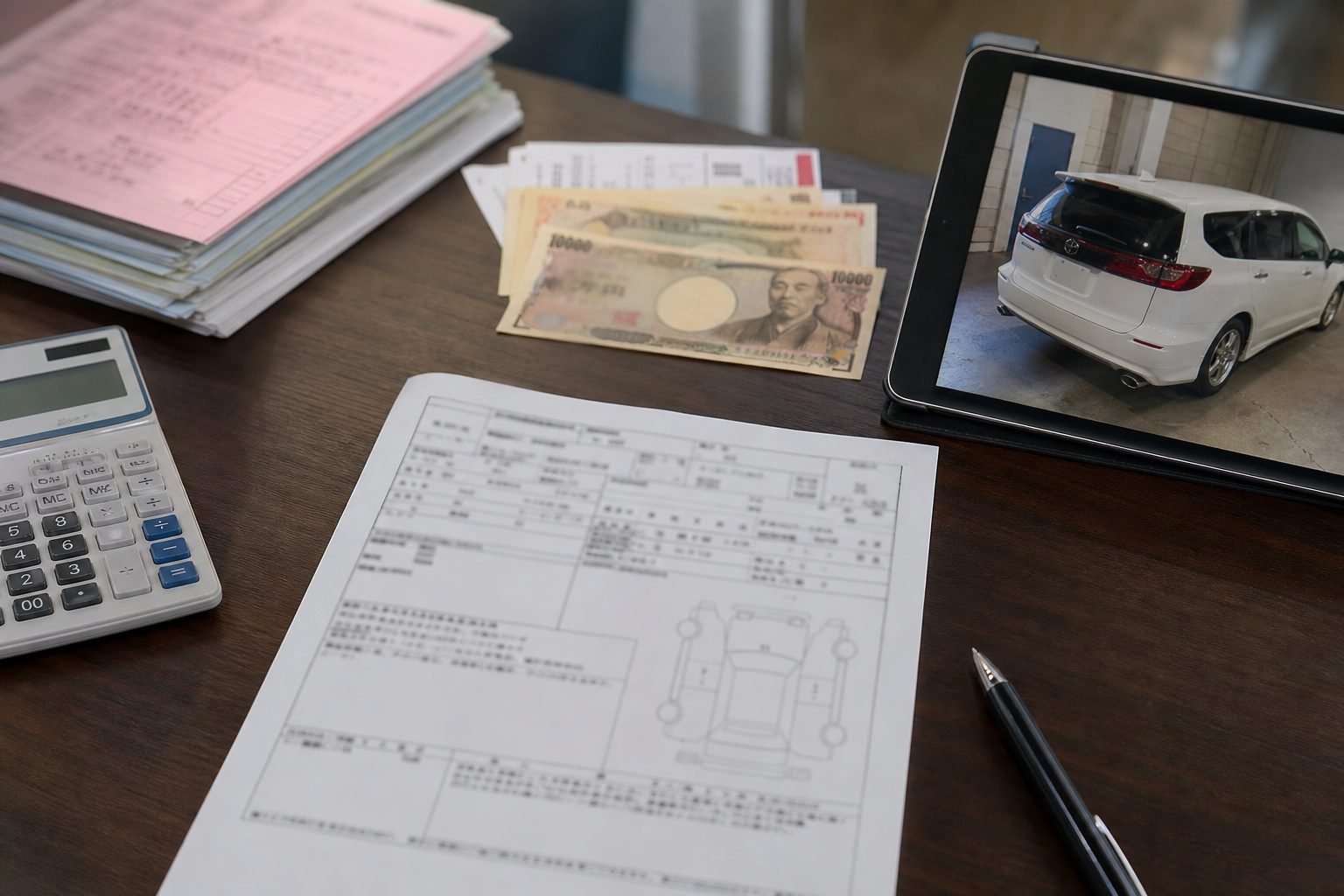 Auction sheet, calculator and documents used to build a Japanese used-car invoice