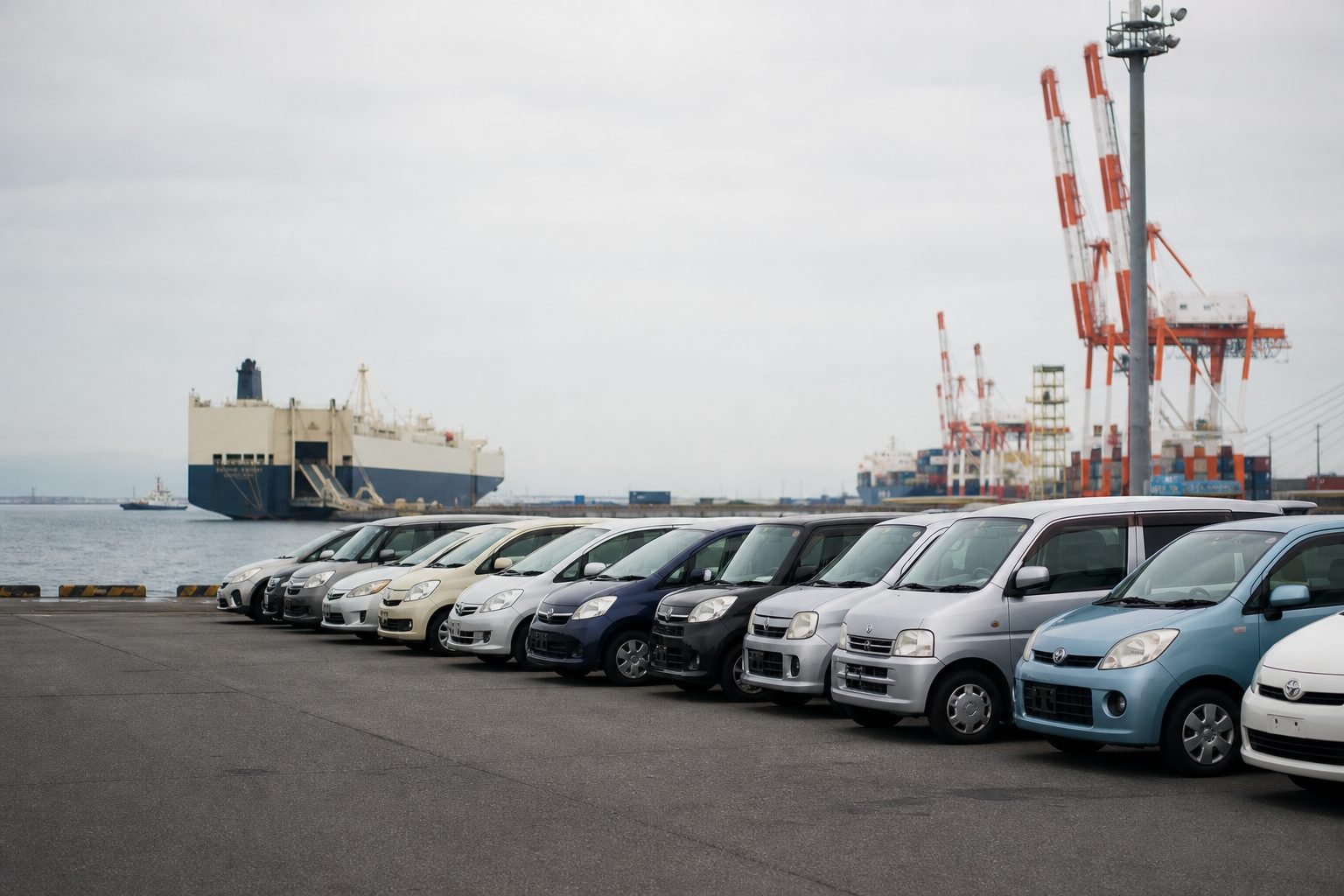 Used cars in a Japanese export yard with a ship in the distance
