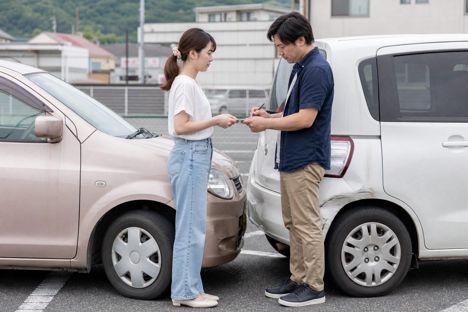 Two drivers exchanging information after a minor parking-lot bump in Japan