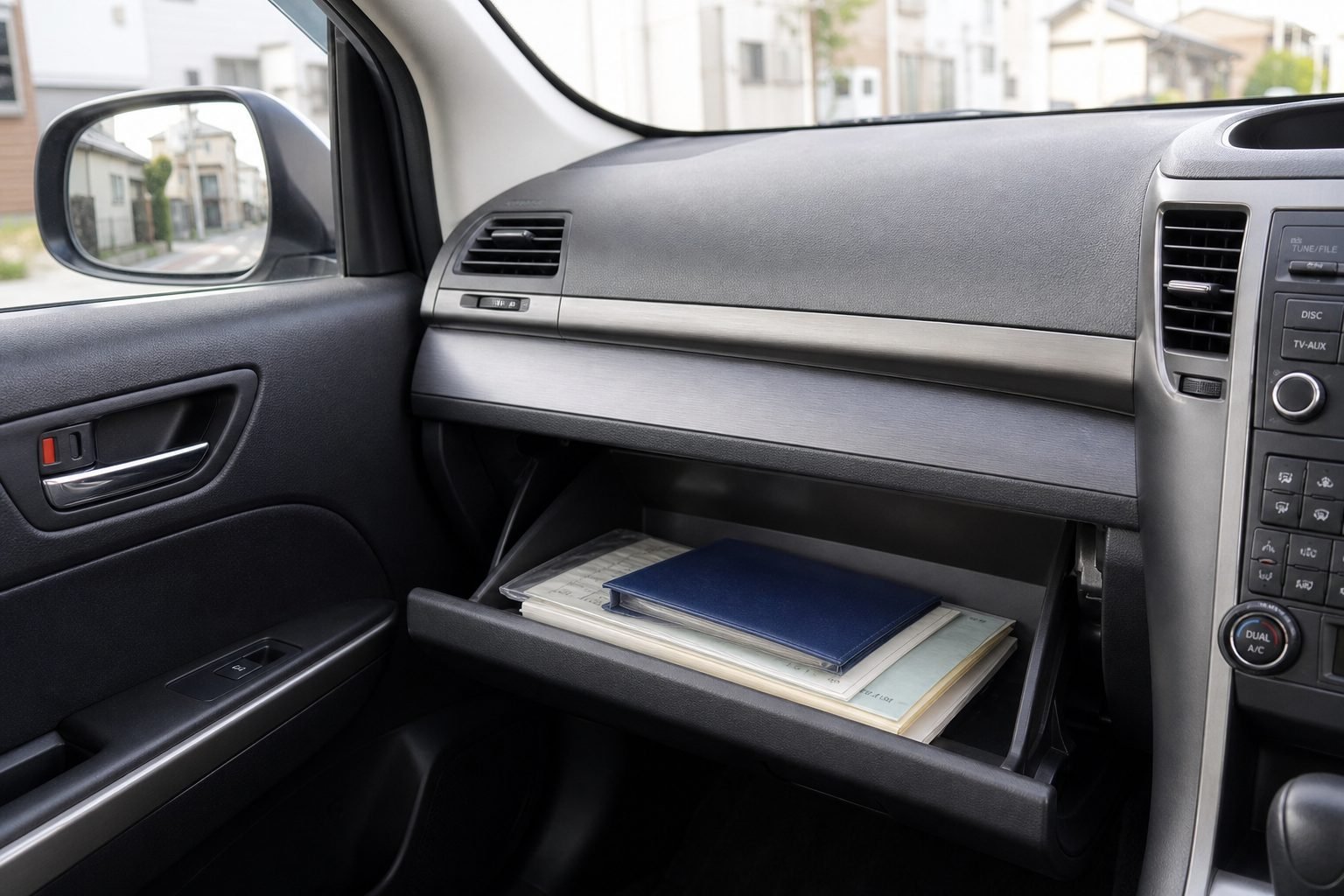 Glove box with Japanese vehicle and insurance papers, text not readable