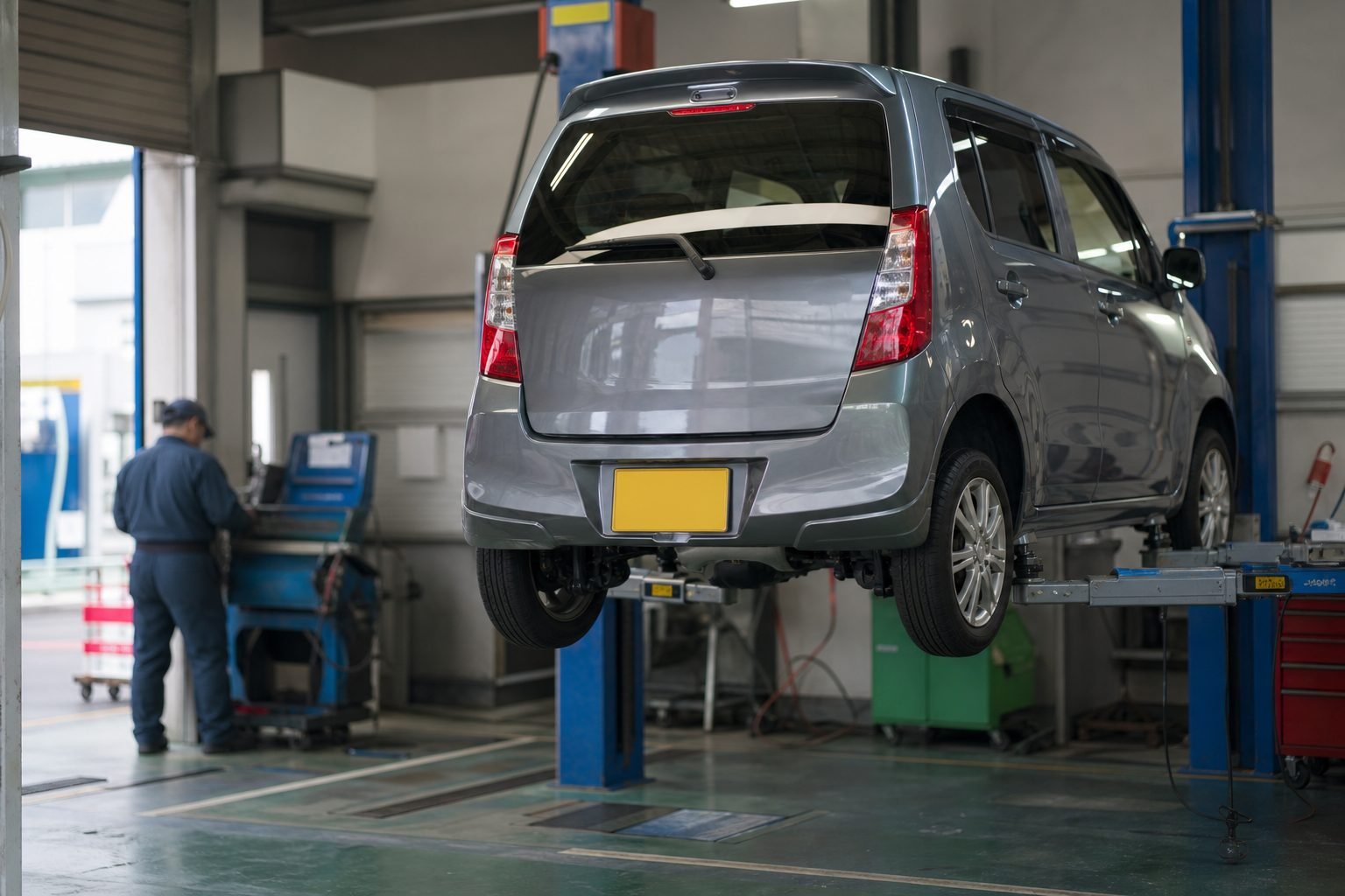Compact car on a lift during Japanese shaken inspection