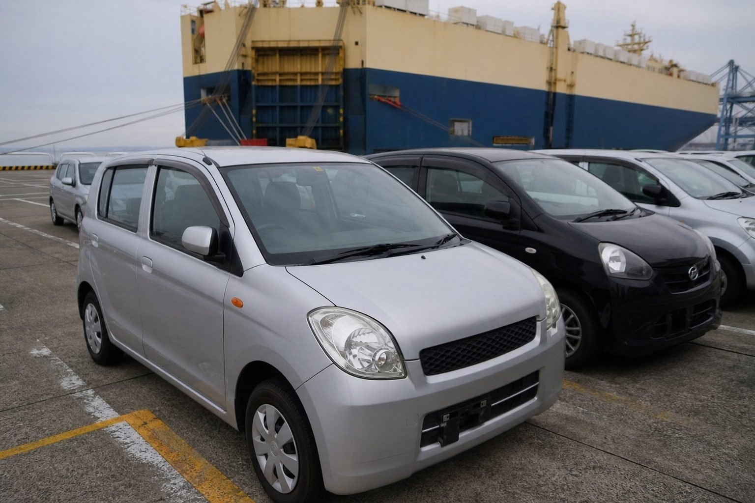 Used cars in a Japanese port yard waiting for RoRo or container shipping