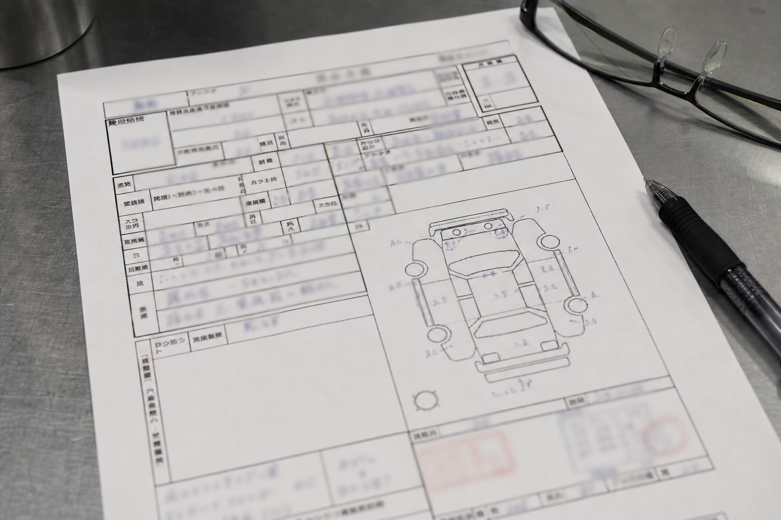 Printed Japanese auto auction inspection sheet on a desk, details not readable