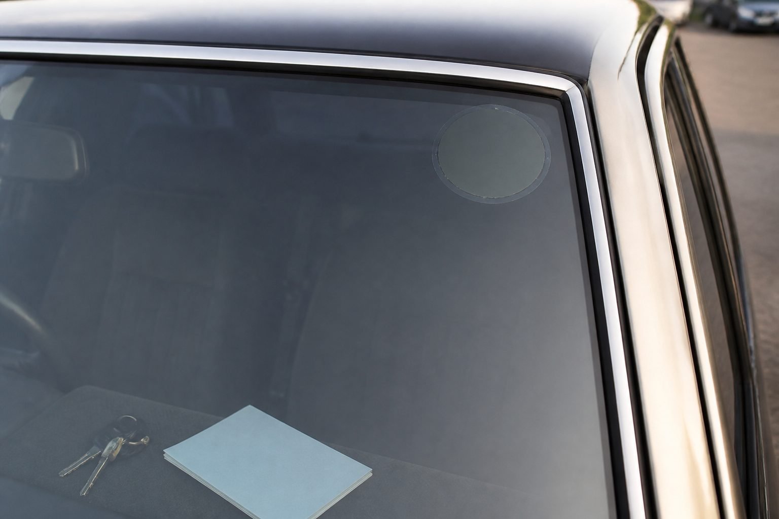 Keys and a Japanese vehicle inspection booklet on a car dashboard