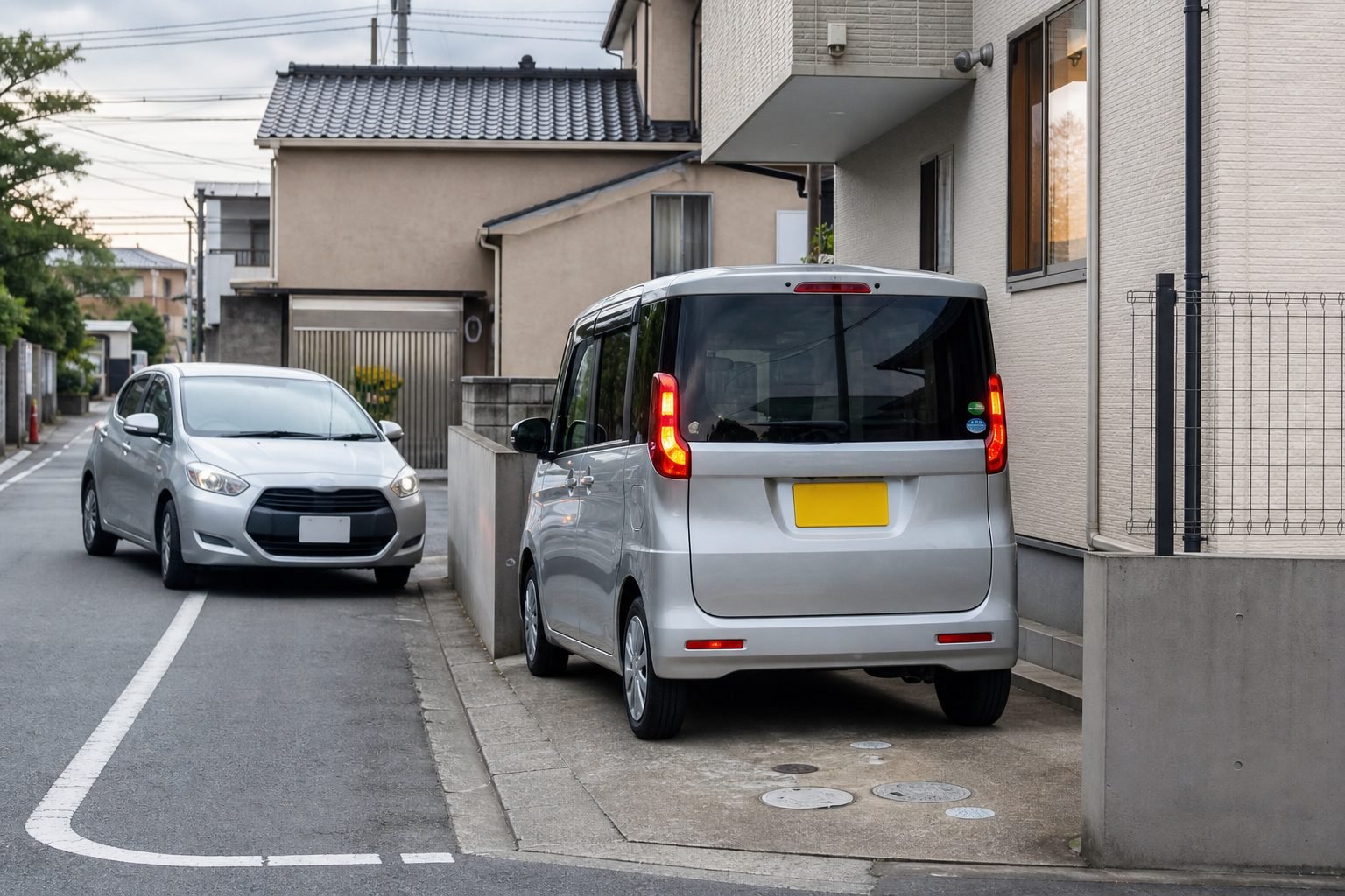 A tall kei wagon parking in a tight Japanese residential stall
