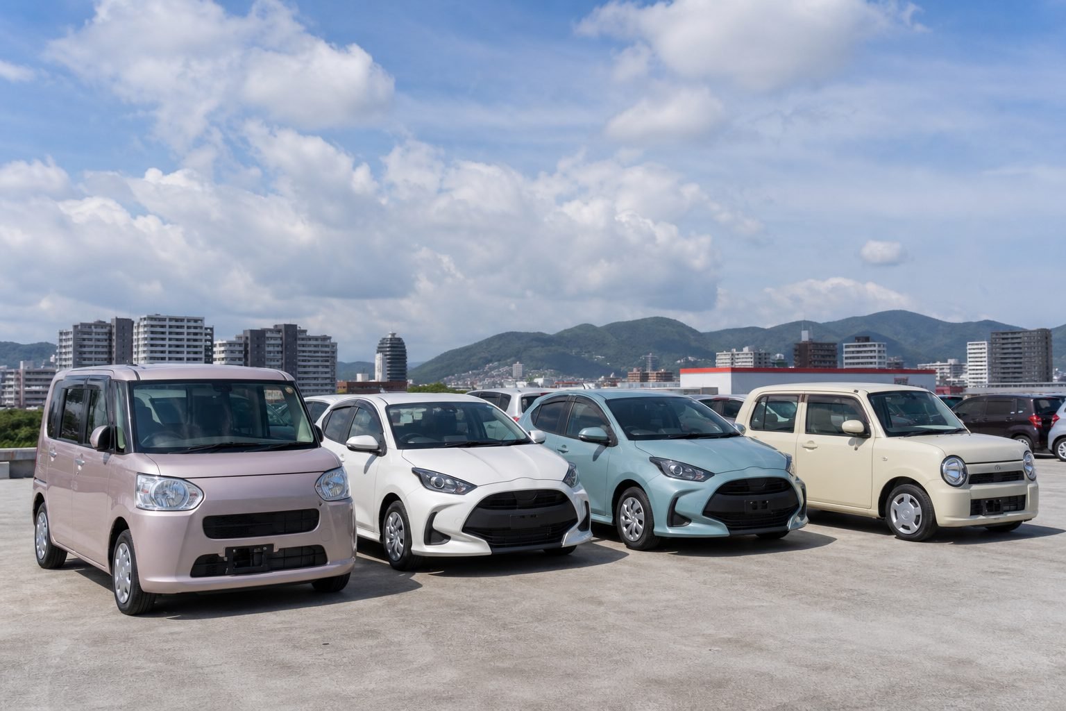 Used cars at a Kyushu hub lot serving Fukuoka, Saga, Nagasaki and Kumamoto buyers
