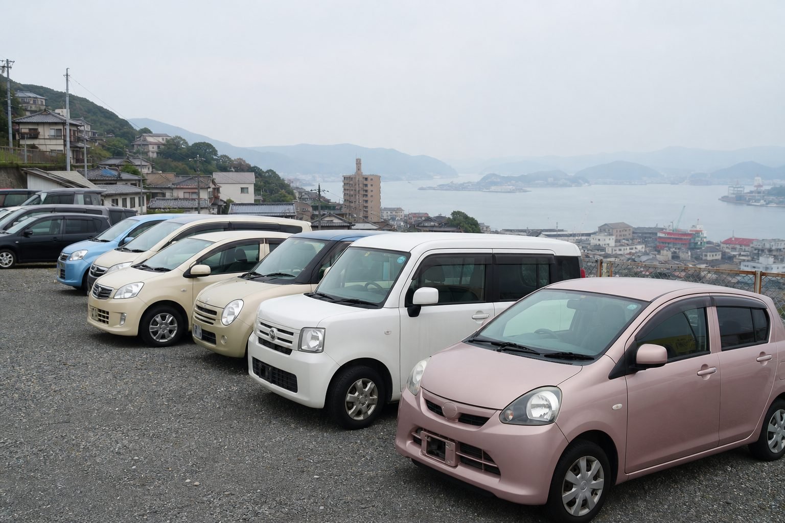 Kei cars on a hillside used-car lot in Nagasaki Prefecture