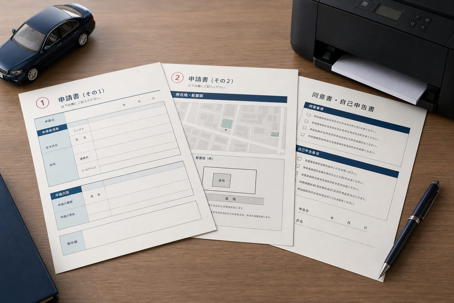 A4 landscape parking-certificate application documents on a desk