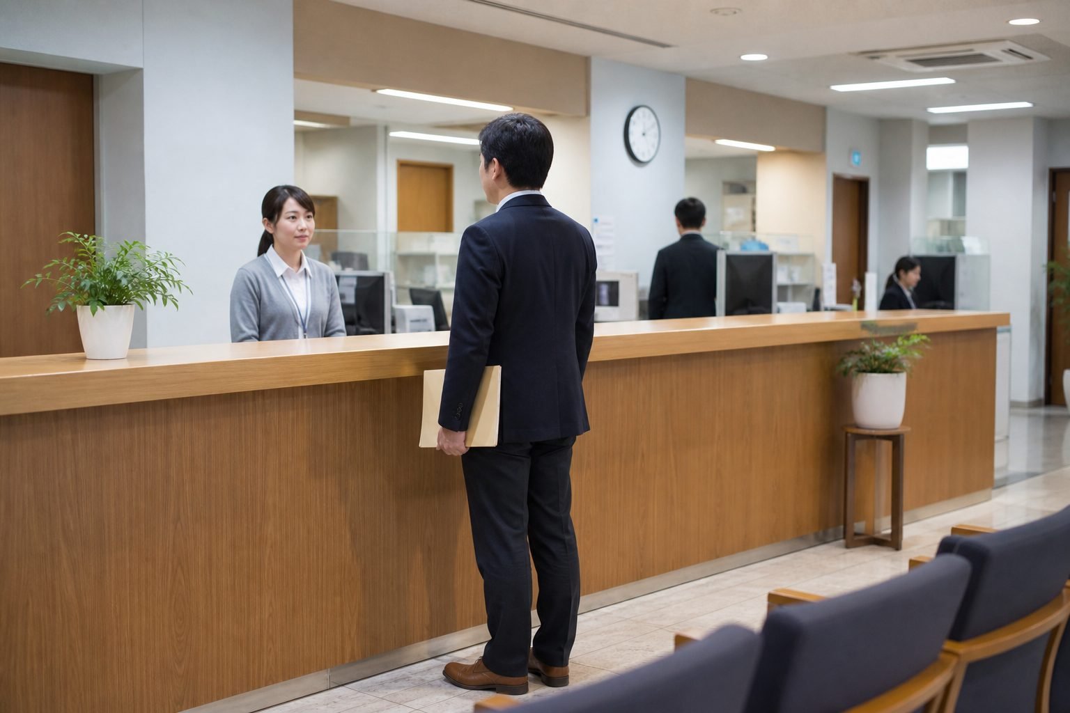 Submitting parking-certificate papers at a Japanese police station counter