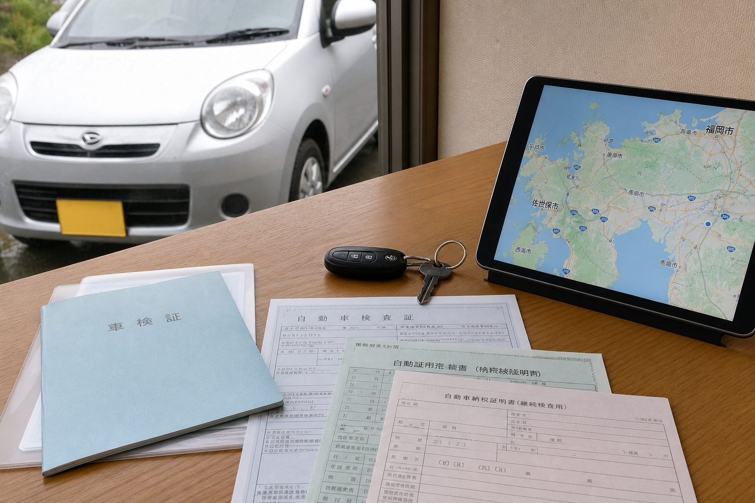 Japanese vehicle inspection certificate, keys, and a Kyushu map on a desk