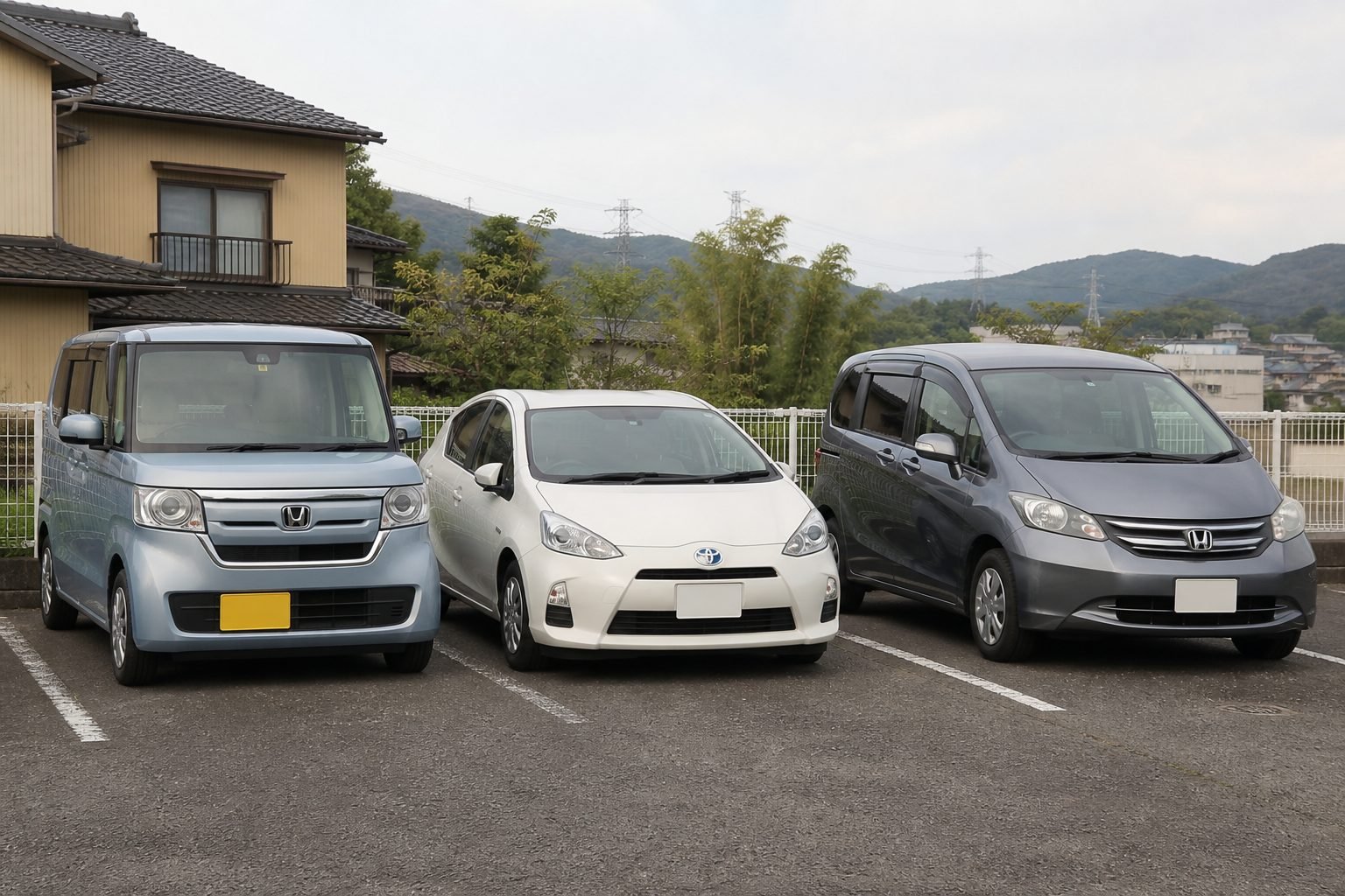 Kei wagon, hybrid hatchback, and compact minivan on a Kyushu used-car lot