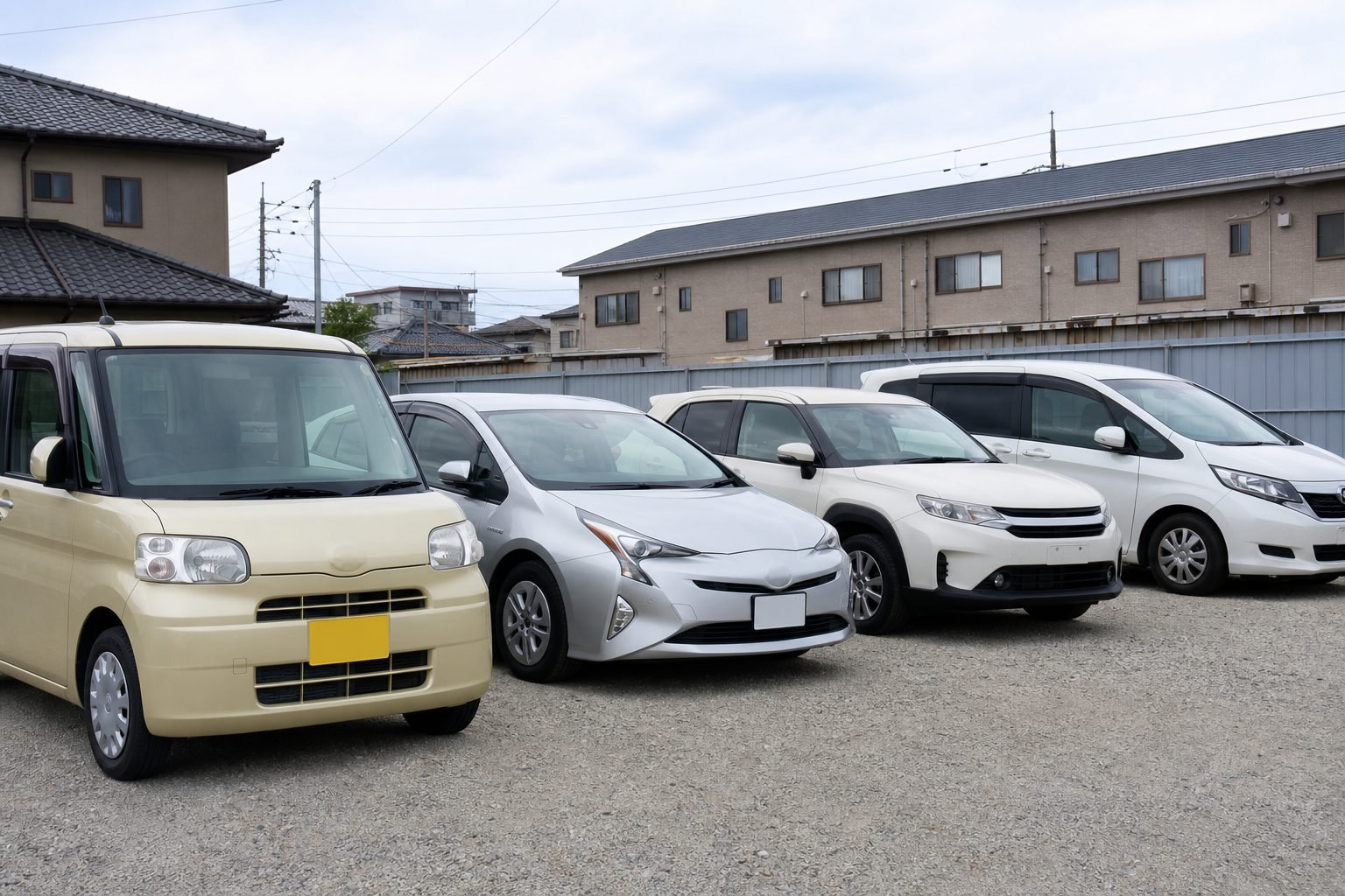 Kei car, compact hybrid, SUV and minivan on a Kyushu used-car lot
