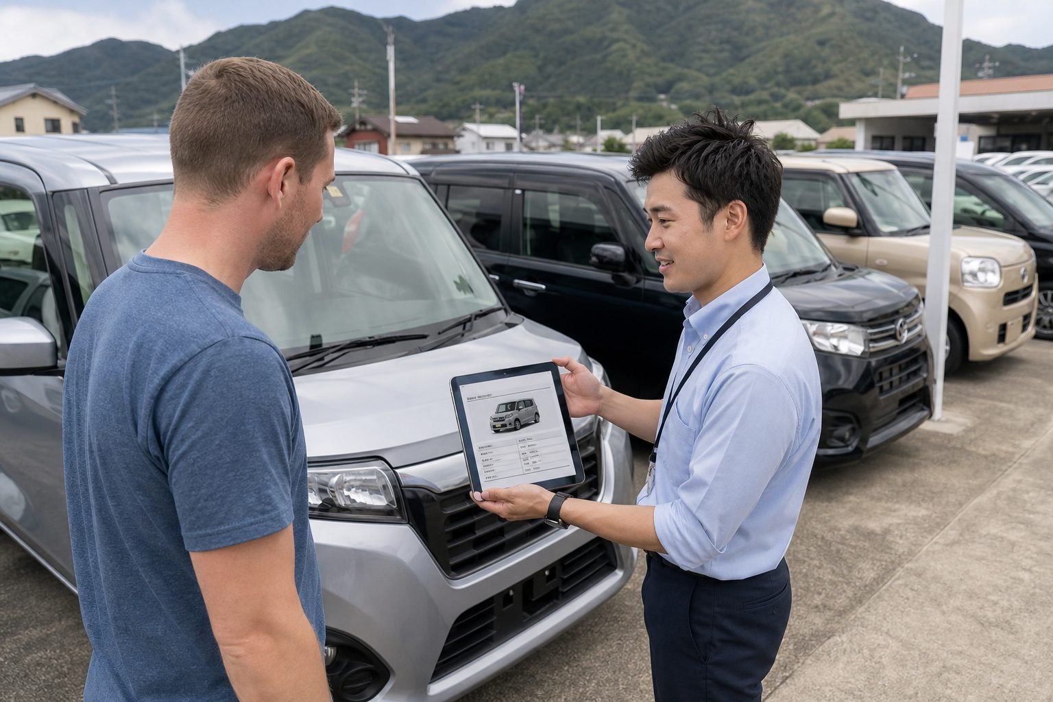 Used compact cars at a tidy Kyushu dealer lot