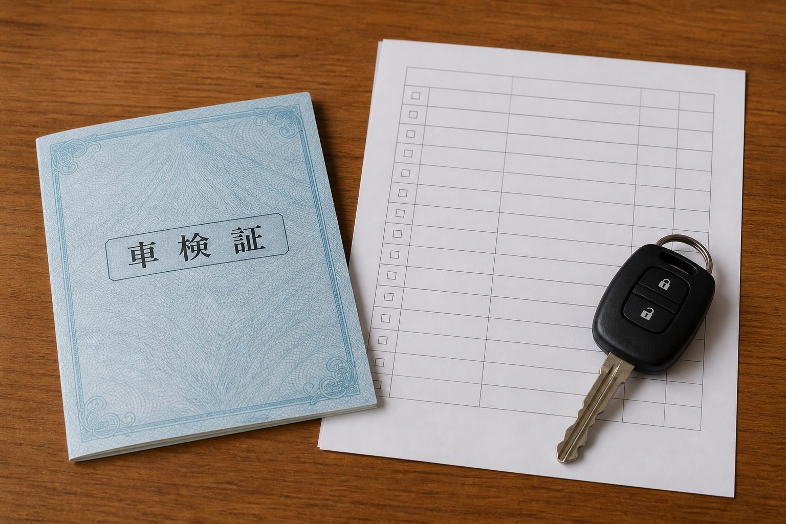Vehicle inspection booklet and generic registration checklist next to car keys