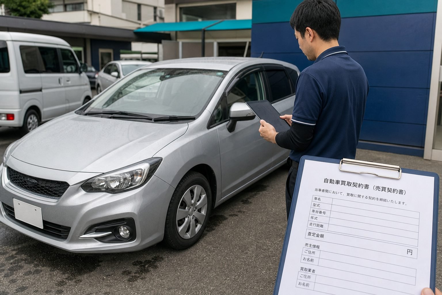Used-car appraisal in a Japanese dealer yard before a domestic sale