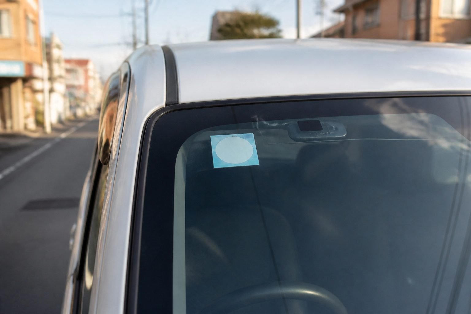 Japanese shaken inspection sticker on a car windshield