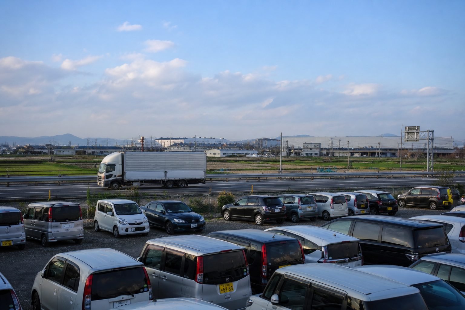 Used compact cars at a lot near a Kyushu highway and logistics area like Tosu